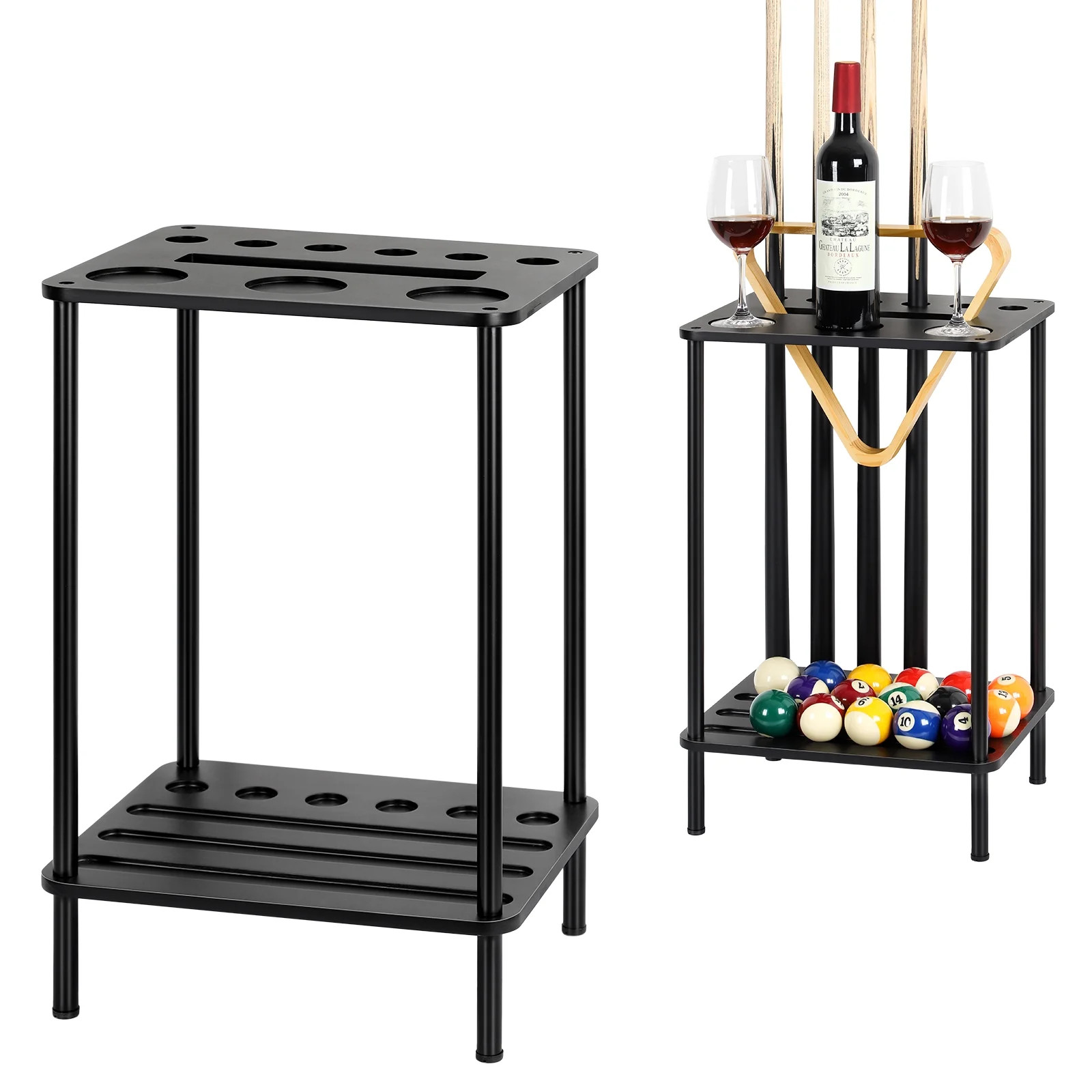 Black Billiard Storage Rack 2-Tier Organizer for Pool Cues, Balls, Drinks & Triangle Rack Pool Ta... | Walmart (US)