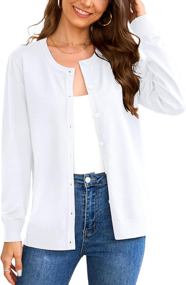 Women's 2024 Cardigan Sweaters Trendy Casual Button Down Long Sleeve Crew Neck Lightweight Knit F... | Amazon (US)