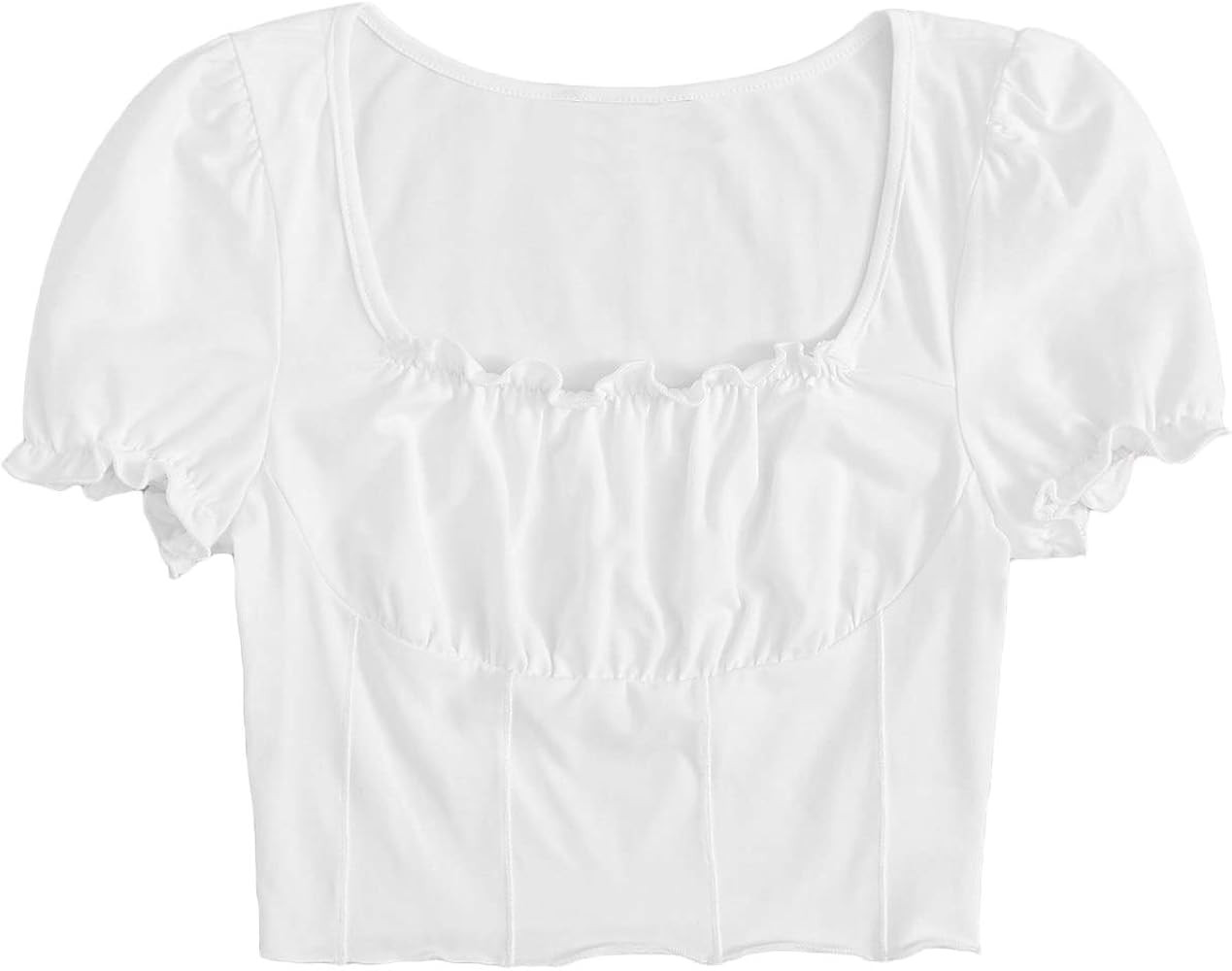 Floerns Women's Scoop Neck Puff Sleeve Ruched Bust Frill Crop Tee Top | Amazon (US)