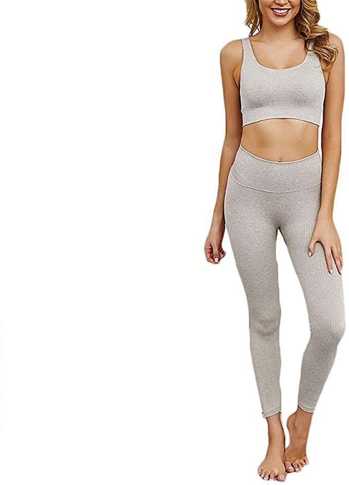 Hotexy Women's Workout Outfit 2 Pieces Seamless Yoga Leggings with Sports Bra Gym Clothes Set | Amazon (US)