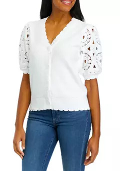 Crown & Ivy™ Women's Crochet Sleeve Scalloped Cardigan | Belk