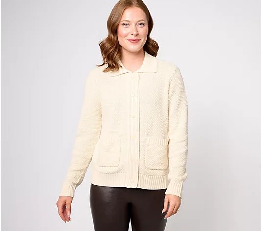 Girl With Curves Novelty Yarn Button Front Long Sleeve Cardigan - QVC.com | QVC
