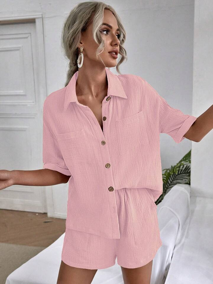 SHEIN Essnce Drop Shoulder Pocket Patched Shirt & Shorts | SHEIN