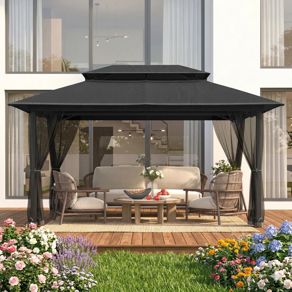 10x13 Gazebo, Outdoor Patio Gazebo With Mosquito Netting, Double Roof Metal Gazebo, Canopy For Ba... | Wayfair North America