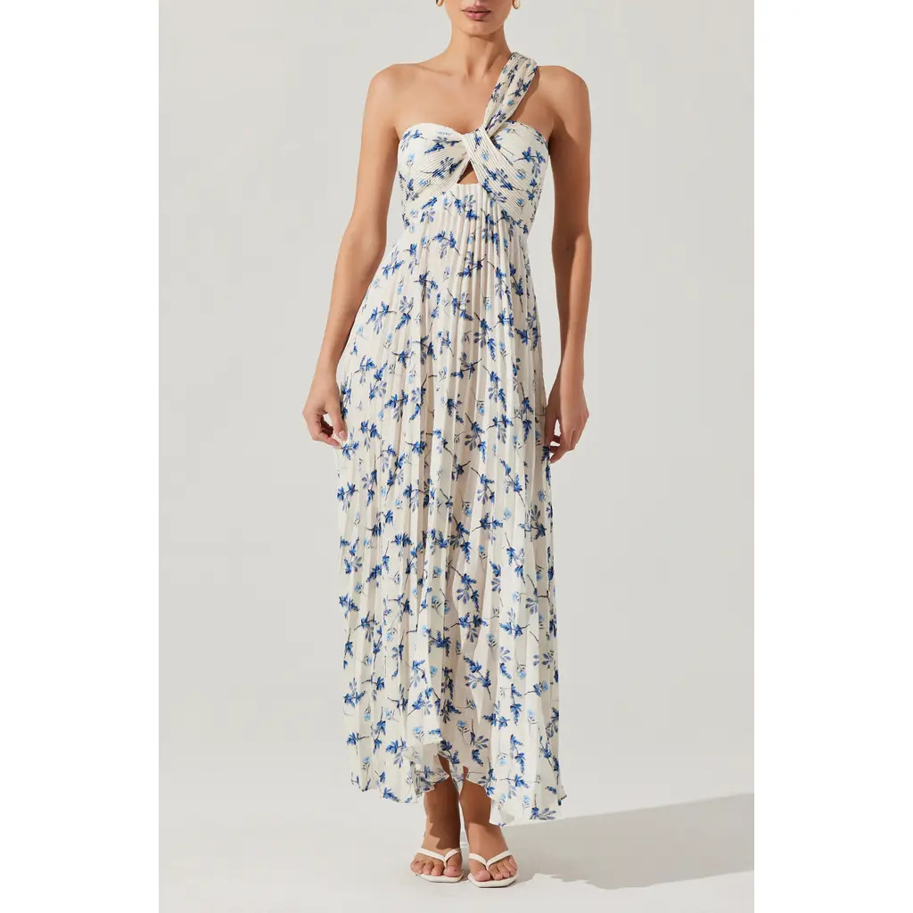 ASTR the Label Rasya Floral Pleated One-Shoulder Maxi Dress in White Blue Floral at Nordstrom Rack, Size Medium | Nordstrom Rack