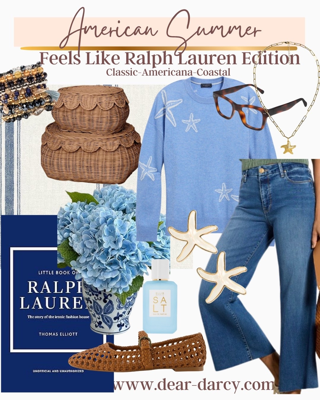 American Summer
That Coastal American  vibe that feels like Ralph Lauren 

~Ralph Lauren coffee table book 
~ scallop baskets with lids
~hydrations with blue white ginger jar 
~bracelet stack
~ Raffia Mary Jane’s 
~Salt Toiletries
~large shell bowl
~ Star fish earrings 
~peppers
~ star sweater 
~Meg wide leg crop Jeans kut from kloth 
~reading  glasses 
~star necklace

#LTKootd #LTKgrwm #LTKOver40