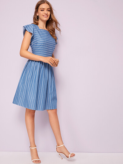 Striped Ruffle Armhole Fit & Flare Denim Dress | SHEIN