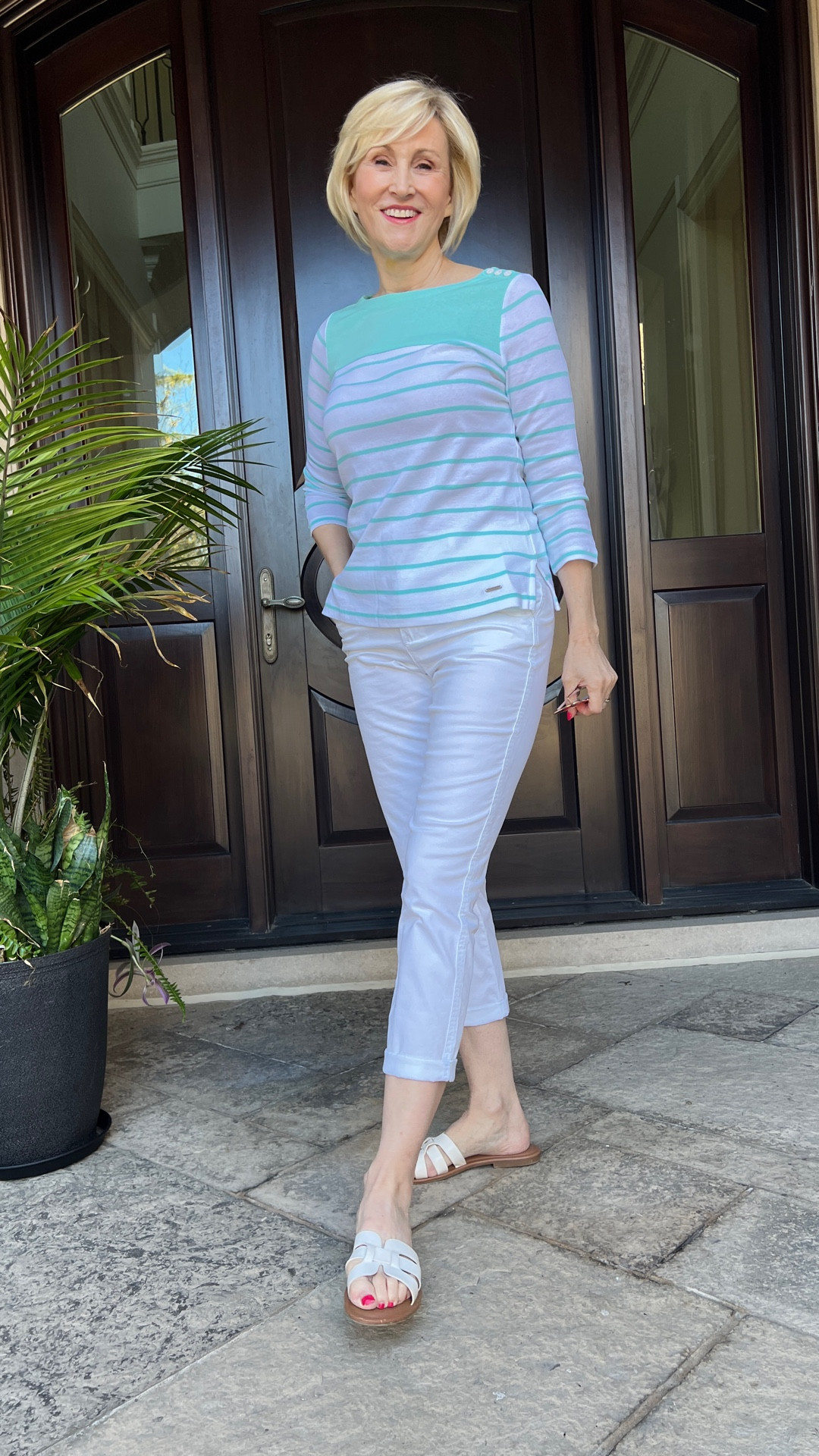 Fresh, breezy, and perfect for those sunny days ☀️💙 Loving this aqua striped 3/4 sleeve knit paired with crisp white cropped jeans and easy slides — the ultimate combo for casual weekend vibes or a relaxed lunch date. Light, bright, and effortlessly chic!

#SpringStyle #CasualChic #EffortlessOutfit #FabulousAfter40 #Over40Style #OOTD #WeekendVibes 

#LTKStyleTip #LTKSeasonal #LTKOver40
