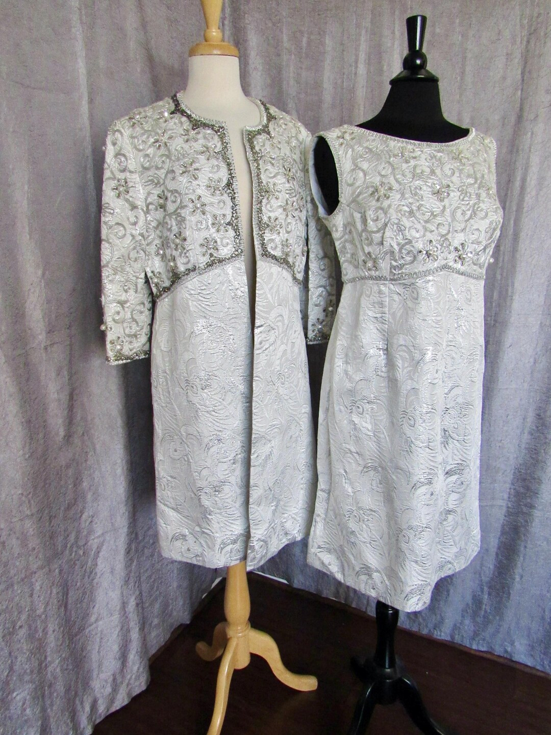 Mod 1960s Metallic Silver Satin Brocade Dress & Matching Coat with Elaborate Beading, Sequins and... | Etsy (Global)