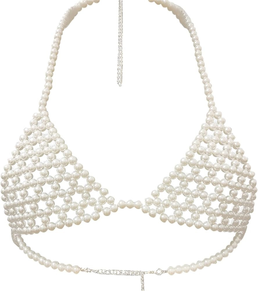 Sexy Pearls Beaded Crop Top for Women Pearl Body Chain Bra Tanks Sleeveless Spaghetti Strap Camis... | Amazon (US)