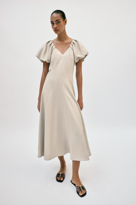 MIDI DRESS WITH LINEN BLEND PUFF SLEEVES | Zara UK