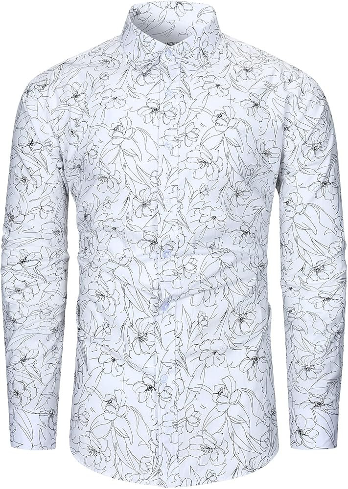 TUNEVUSE Men Floral Dress Shirts Long Sleeve Casual Button Down Flower Printed Shirts 100% Cotton | Amazon (US)