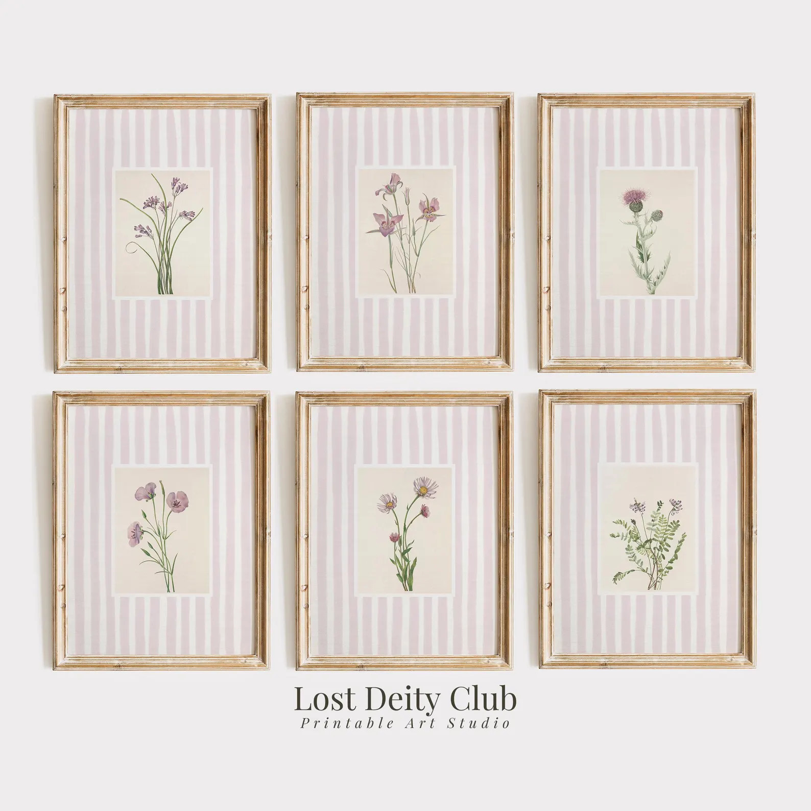 Pink Striped Floral Art Print Set of 6, Cottagecore Botanical Prints, Girls Room Pastel Pink Gran... | Etsy (Global)