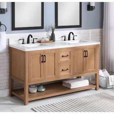 allen + roth Harwood 60-in Natural Undermount Double Sink Bathroom Vanity with White and Gray Qua... | Lowe's