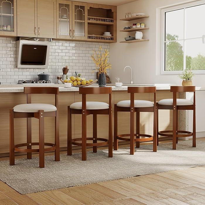 COSTWAY Counter Height Stools Set of 4, Upholstered Kitchen Island Chairs with Low Backs, Solid R... | Amazon (CA)