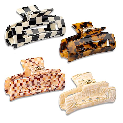 Magicsky 4PCS Hair Claw Clips, Acrylic Banana Barrettes Butterfly French Jaw Clip, Big Hair Clip Hairclips for Thick Thin Hair- Styling Accessories for Women Girls, Large Checkerboard, Leopard, White | Amazon (US)