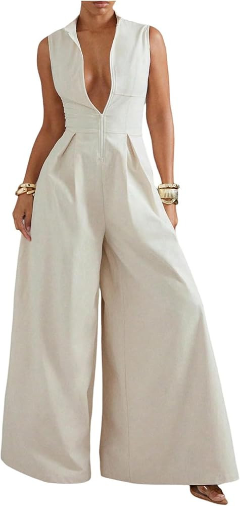 Verdusa Women's Zip Up Wide Leg Jumpsuits Sleeveless One Piece Jumpsuit Formal Dressy Casual Spri... | Amazon (US)