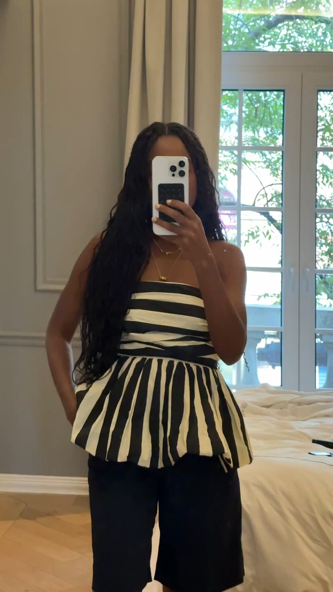Strapless striped peplum top and Bermuda shorts

#LTKootd