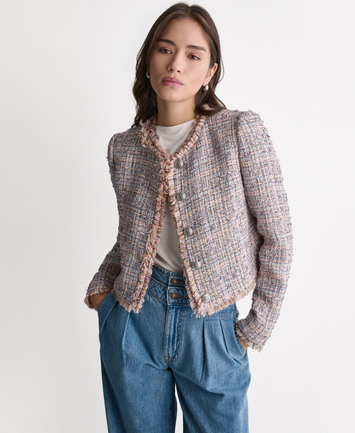Bcbg Women's Crewneck Fringe Detail Tweed Jacket - Tweed Multi | Macy's