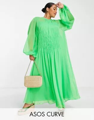 ASOS EDITION Curve shirred front maxi dress in bright green | ASOS (Global)