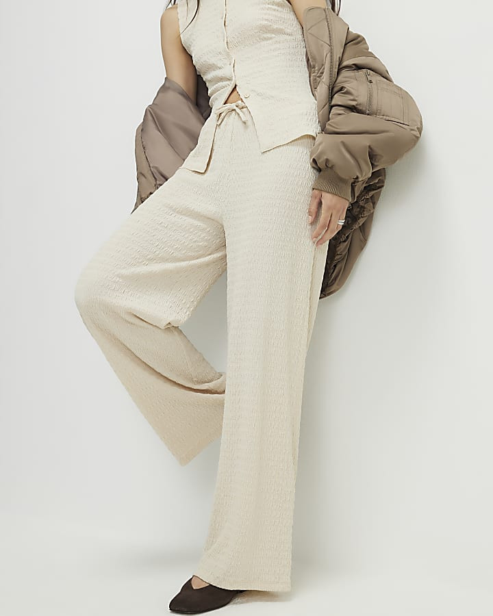 Beige Texture Drawstring Wide Leg Trousers | River Island UK & IE