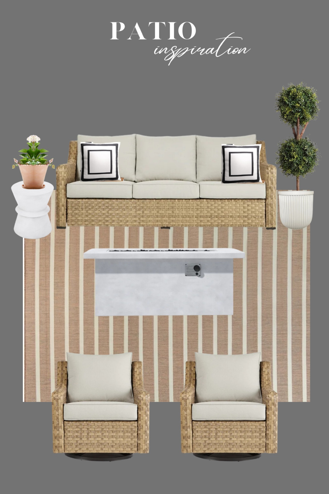 Patio furniture inspiration, outdoor rug, planter , outdoor pillow 

#LTKhome #LTKsalealert #LTKSeasonal