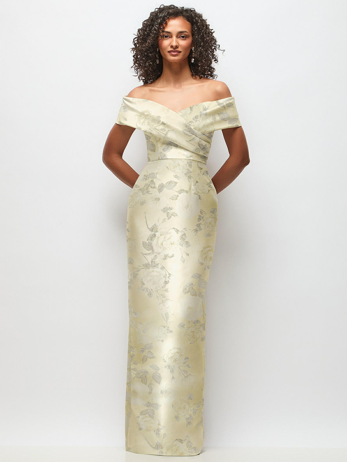 Draped Wrap Off-the-Shoulder Satin Column Maxi Dress in Butter Yellow Floral | Dessy Group