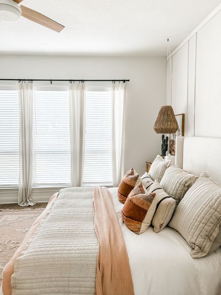 master bedroom - master bedroom decor - affordable linen bed frame - amazon home curtains - affordable curtains, quilted blanket, linen bedding, woven rug - southwestern desert style - organic home style - neutral home decor 

#LTKsalealert #LTKstyletip #LTKhome