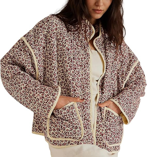 Duyang Women's Cropped Puffer Jacket Lightweight Floral Printed Open Front Quilted Coat Winter Wa... | Amazon (US)