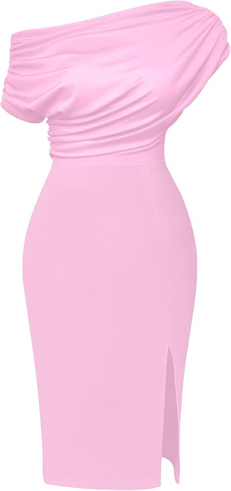 Memoriesea Women's Elegant Off Shoulder Split Hem Bodycon Ruched Midi Club Party Dress | Amazon (US)