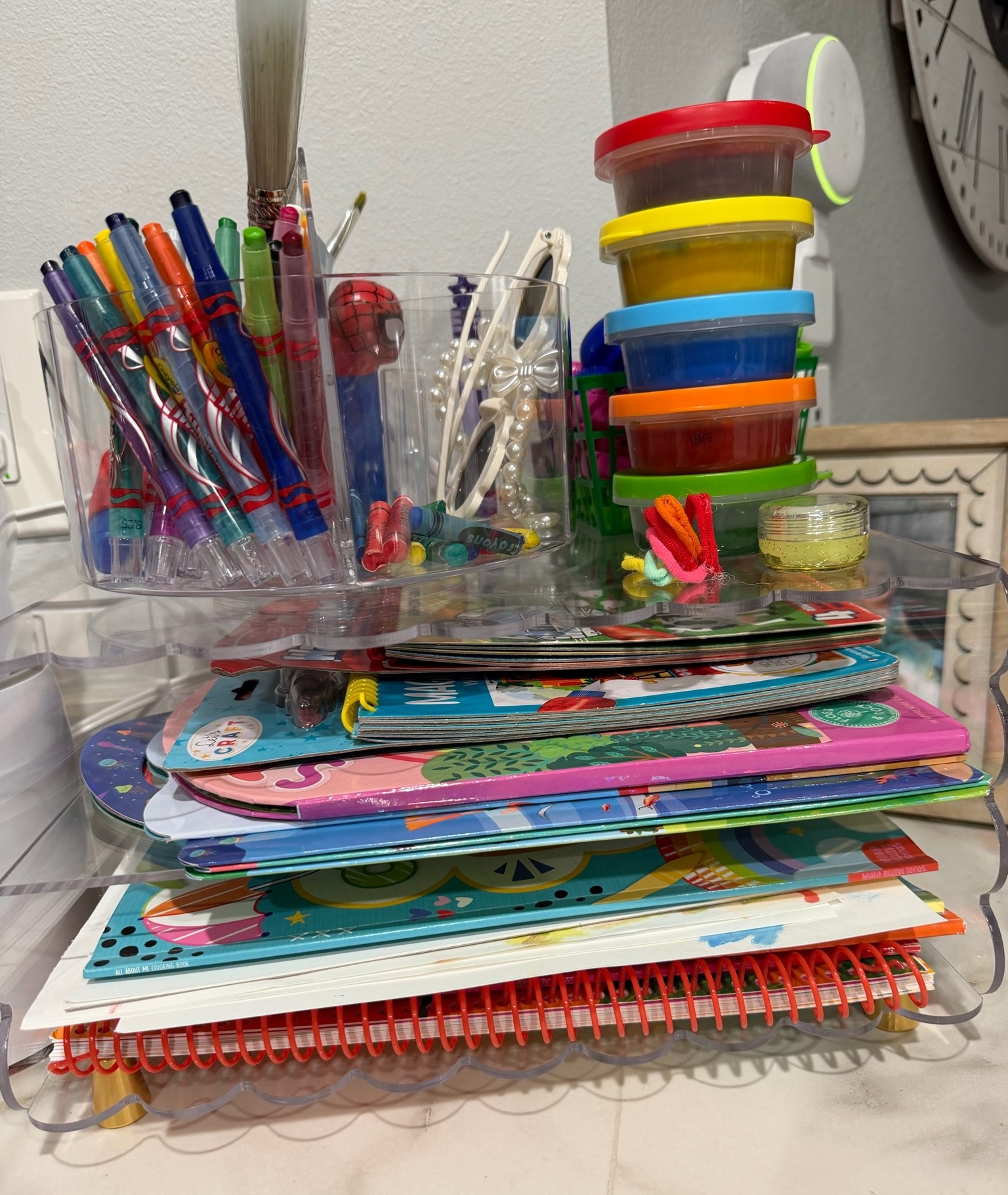 all the arts and crafts we keep at the counter for my toddler to color, paint, draw, sticker, etc. | everything 18+ month friendly with supervision! | the non spill paints are our favorite!! | toddler art | toddler crafts | toy organization

#LTKmomlife #LTKKids #LTKBaby