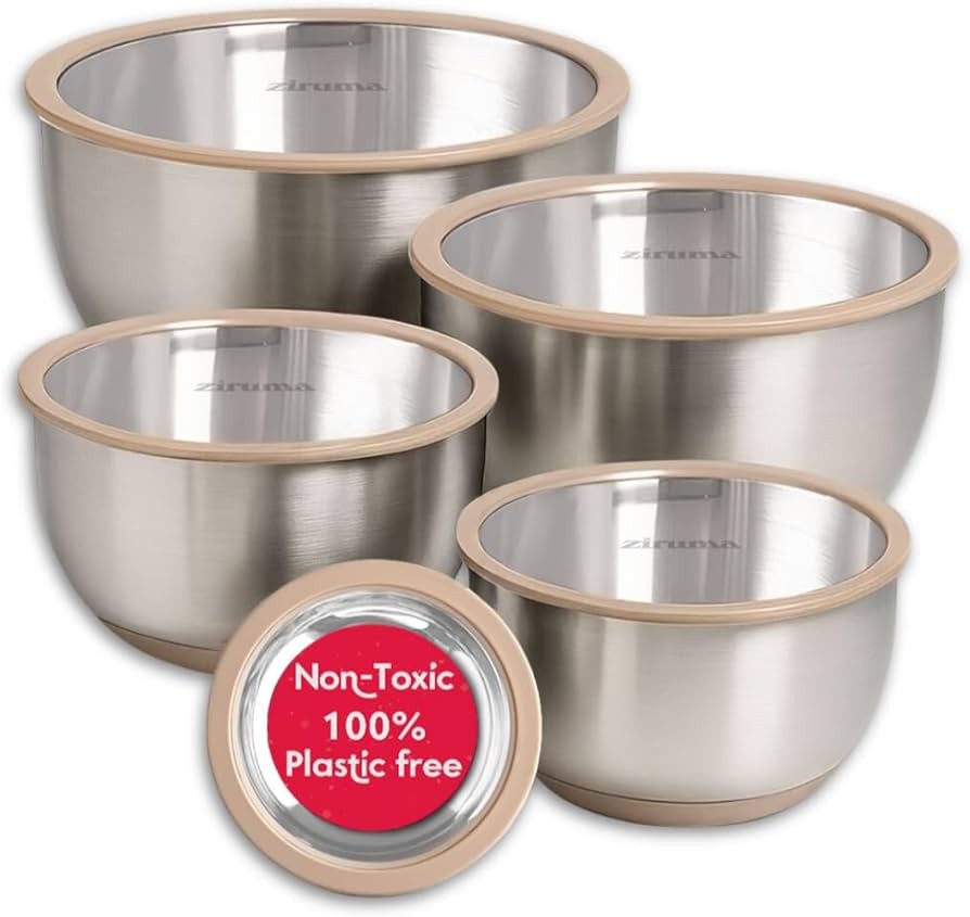 Ziruma Non-Toxic Mixing Bowls with Lids Set, Stainless Steel & Glass, 5 Pcs Plastic Free Bowls wi... | Amazon (US)