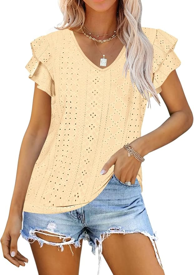 Kikula Women's V Neck T Shirt Summer Hollow Casual Ruffle Sleeve Tops Blouse | Amazon (US)