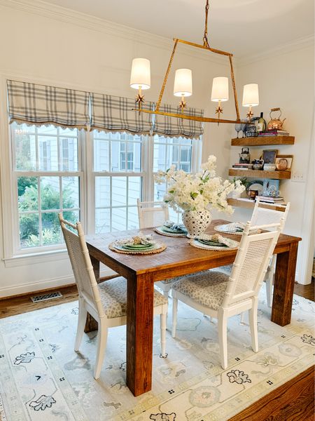 ✨ light fixture is on sale
✨ rug is linked and I also found a couple of beautiful options that are very similar but much more budget friendly
✨ chairs are from @vintagetrove1 
✨ table and window treatments were custom made

#home #kitchen #arearug #kitchendecor #tablescape #kitchenlighting 

#LTKhome