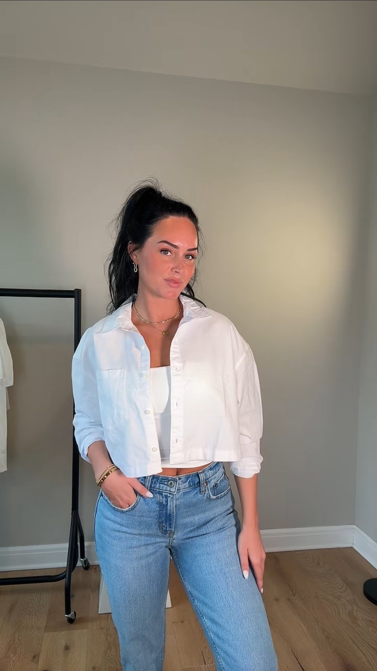 Finally found the perfect cropped button up shirt! 

This whole outfit is still on sale 😍
I’m wearing a size small tops, size 26 curve love extra long jeans 

My sizing 5’7, 145lbs, 32dd

#LTKWatchNow #LTKSaleAlert #LTKFindsUnder100