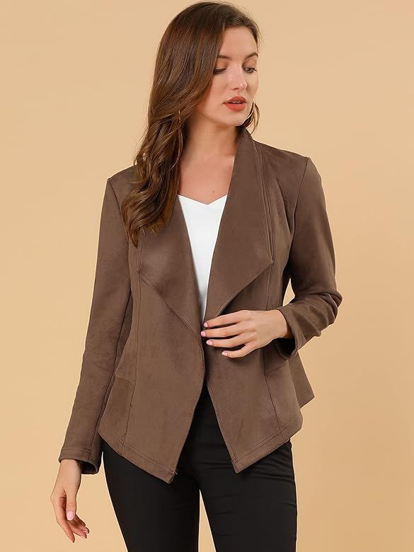 Allegra K Women's Faux Suede Jacket Open Front Lapel Draped Outwear Cardigan | Amazon (US)