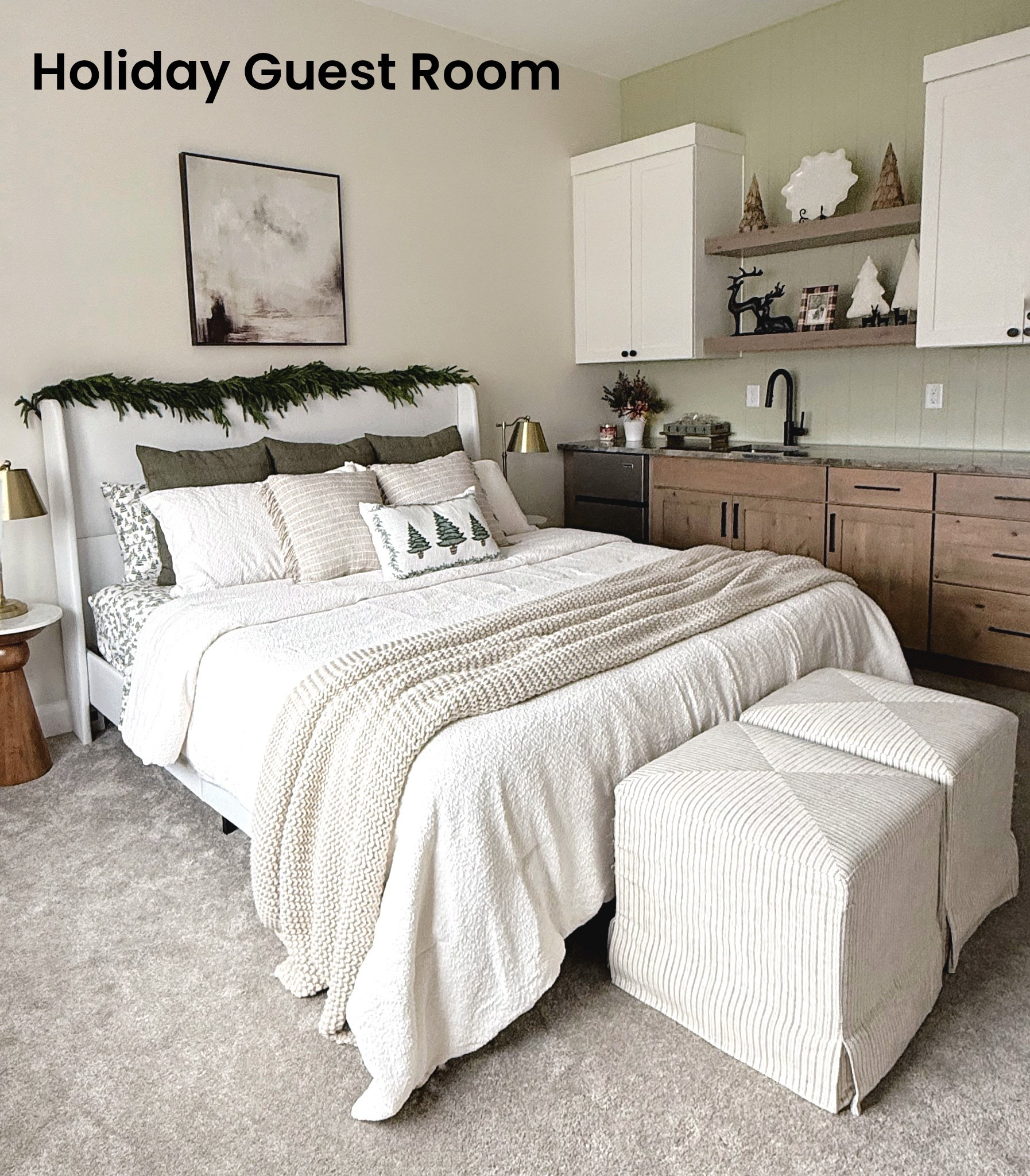 Holiday Guest Suite Ready 
If you’re hosting this season or wanting to spruce up your own bedroom, here’s your reminder that simple, soft layers make all the difference. This Christmas inspired guest bedroom suite is filled with calming neutrals, textured bedding, and subtle festive accents that make your guests feel instantly at home.

From the knit throw to the striped ottomans, cozy soft comforter, evergreen garland, and those cute Christmas tree pillows, everything is linked for you to shop the look and recreate this cozy retreat in your own home.

Think: warm, welcoming, and just a touch of Christmas magic. 
Tap to shop the exact pieces or find similar budget-friendly home decor options!

#LTKSeasonal #LTKHome #LTKHoliday