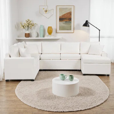 Convertible Cream Sectional Sofa Bed with Storage Ottoman & Charging Ports (112.2" Wide) | Wayfair North America