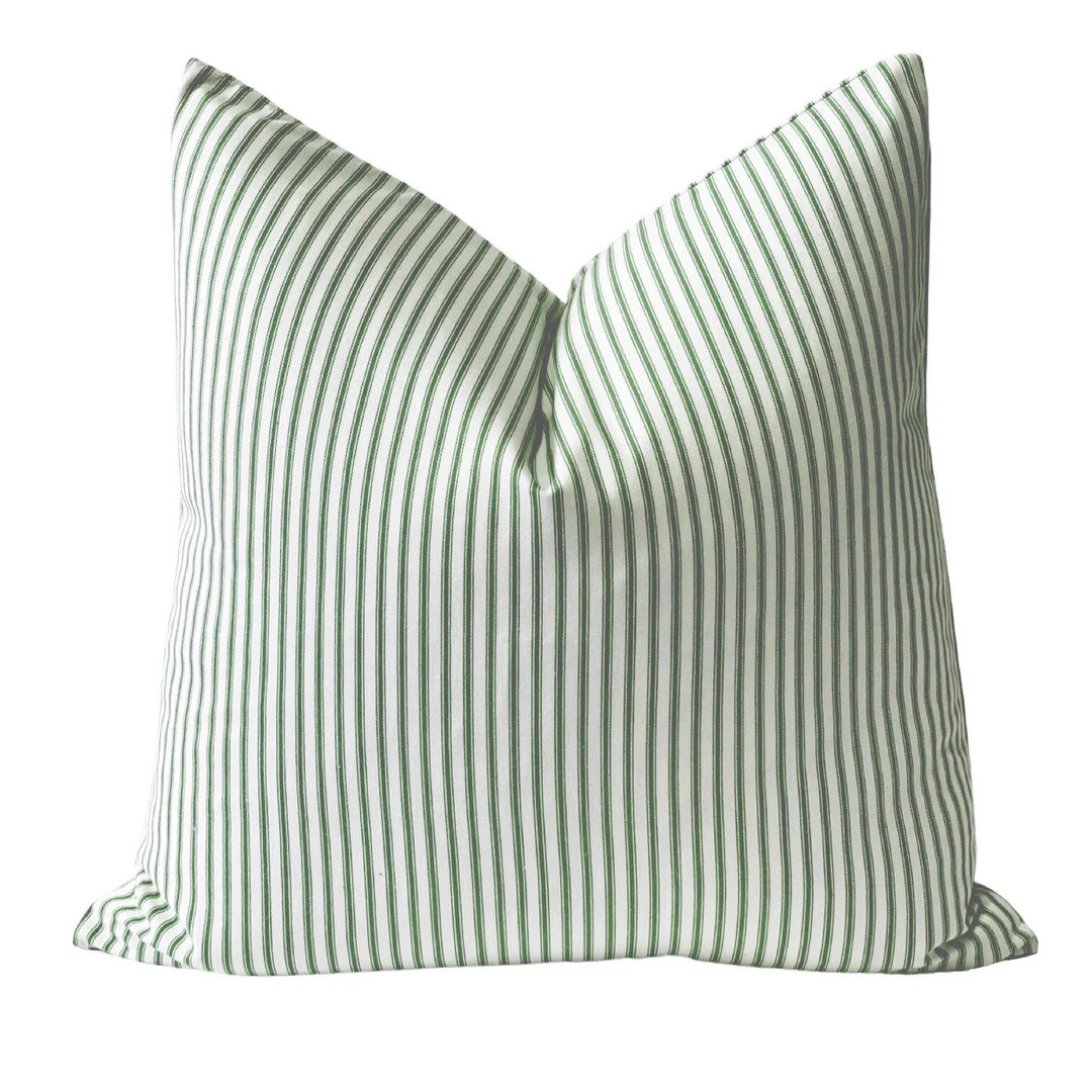 Green Ticking Stripe Pillow Cover, Green and White Stripe Pillow Cover, Spring Throw Pillow, Spri... | Etsy (US)