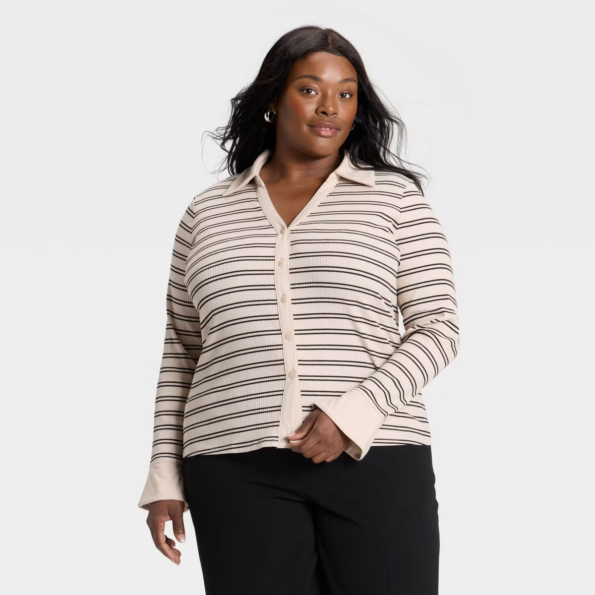 Women's Long Sleeve Collared Rib-Knit Button-Down Shirt - Ava & Viv™ Beige Striped 1X | Target