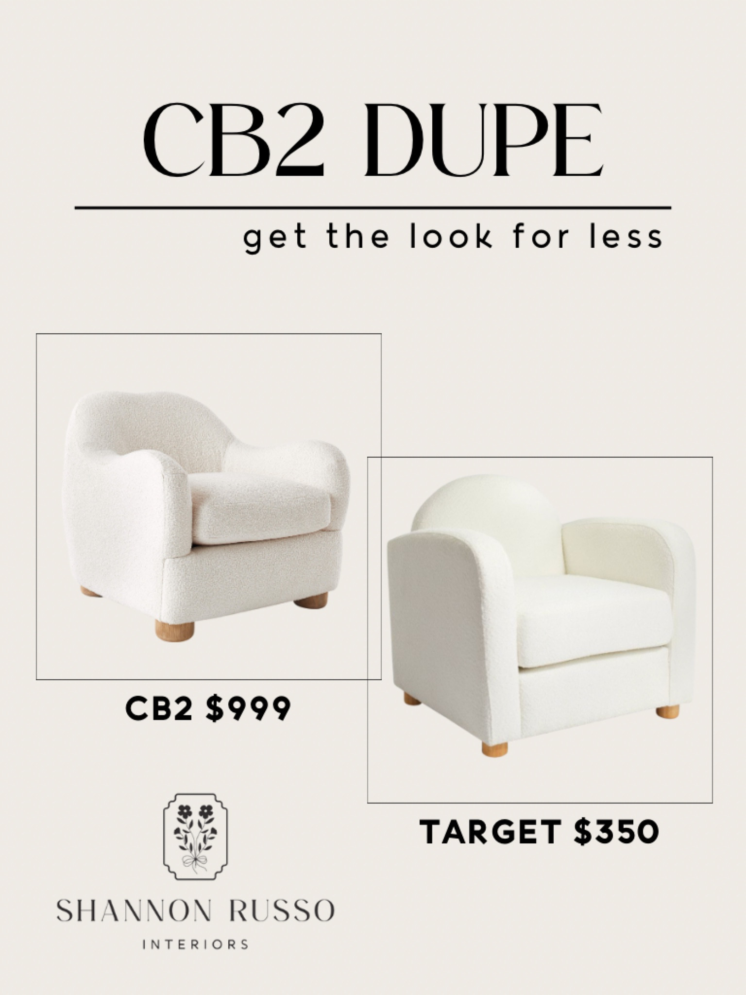 Looking to add some cozy style to your living room? Check out this dupe for the CB2 Bacio Cream Boucle Lounge Chair with Bleached Oak Legs from Target! The Pacific Palisades Fully Upholstered Accent Chair by Threshold designed with Studio McGee is the perfect statement piece that adds both style and comfort to any space. And the best part? You can get it for a fraction of the cost of the original CB2 chair. This cream accent chair is perfect for any living room, bed room, office or sitting room. Add this beautiful yet functional and affordable piece to your cart!

Check out my LTK profile for more affordable home decor options!

#liketoknowit #homedecor #interiordesign #furniture #cb2dupe #sherpa #boucle #bouclechair #sherpachair #chair #target #affordable #lookforless #cream #offwhite #woodfeet #cozychair #accentchair #furnituredupe #cb2 #targetdupe #livingroom #livingroomchair #bedroomdecor #bedroomchair #officechair #officedecor #chunkyfurniture #chunkychair

#LTKFind #LTKstyletip #LTKhome