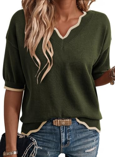Dokotoo Women's Casual V Neck Short Sleeve Sweater Ribbed Knit Lightweight Sweaters Tops Fashion ... | Amazon (US)