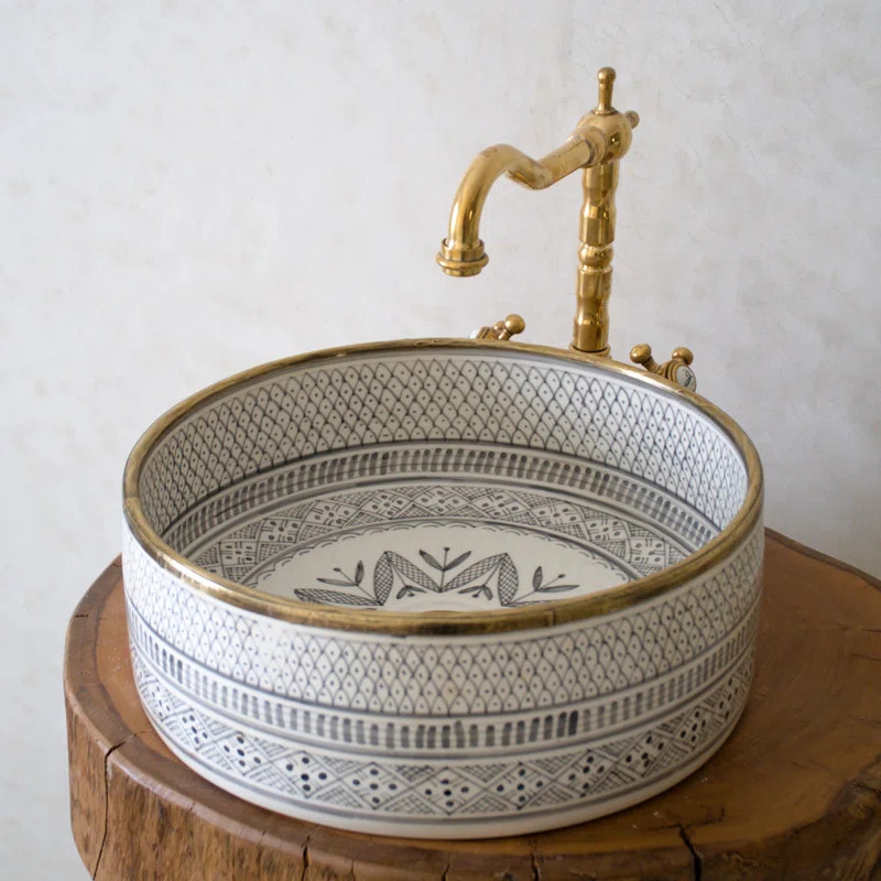 CUSTO-ROND-Gray-12 Handmade Ceramic Vessel Sink, Round Flower Design Countertop 12" Vanity Basin ... | Wayfair North America