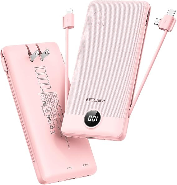 VEGER Portable Charger with Built-in AC Plug and Cables, All in One 10000mAh Ultra Slim Power Ban... | Amazon (US)