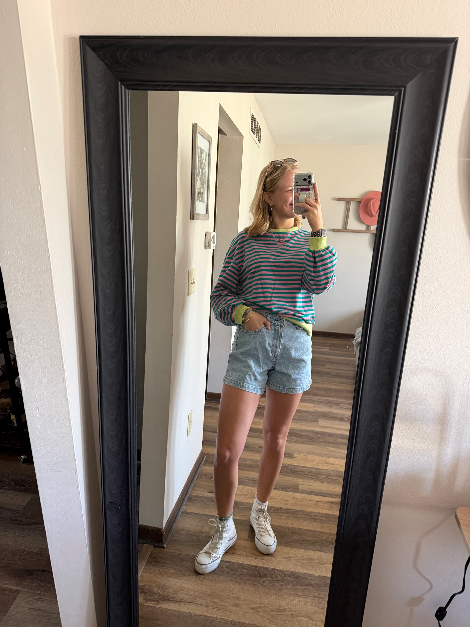 Yesterday’s casual spring outfit — 03.30.26 🩵🩷💚💛

🧦 socks are from Old Navy
medium in striped long sleeve top from Amazon
27 in denim shorts from @abercrombie 
9 in converse shoes from Amazon
sunglasses are from Amazon 😎

spring outfits, casual outfits, cardio outfits, zoo day outfits, Old Navy finds, Old Navy deals, Old Navy activewear, Old Navy leggings, blue leggings, blue tops, workout tops, New Balance running shoes, white running shoes, Amazon finds, Amazon fashion, Amazon deals, striped tops, trending women’s tops, Amazon footwear, Converse shoes, Abercrombie denim, Abercrombie finds, Abercrombie deals, denim shorts, trending outfits

#LTKootd #LTKOver40 #LTKSaleAlert