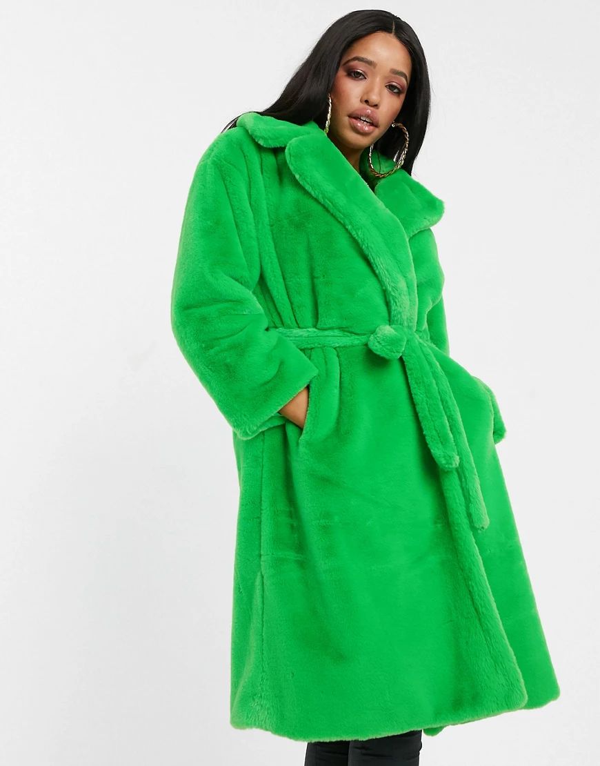 Jayley green faux fur tie waist coat | ASOS (Global)