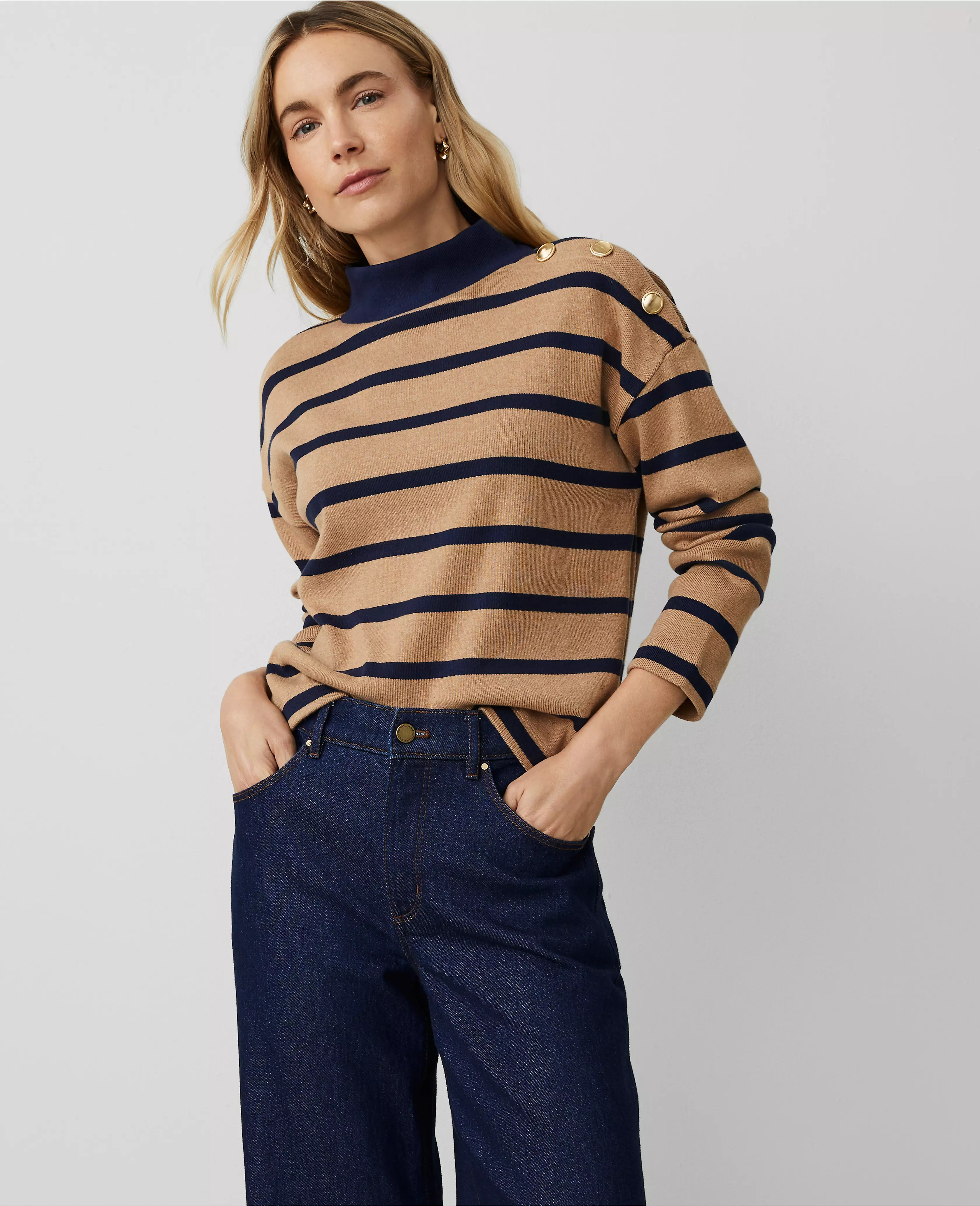 Ribbed Mock Neck Button Shoulder Top | Ann Taylor