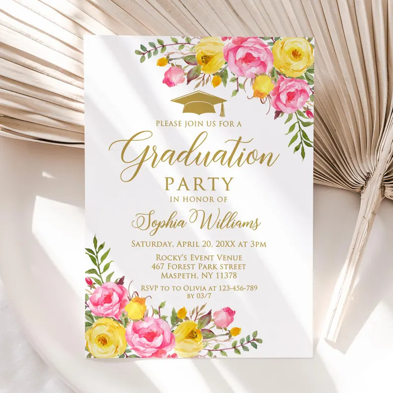 PRINTED or DIGITAL Hot Pink and Yellow Graduation Invitation, Floral Grad Party Invite, B105-1 - ... | Etsy (US)