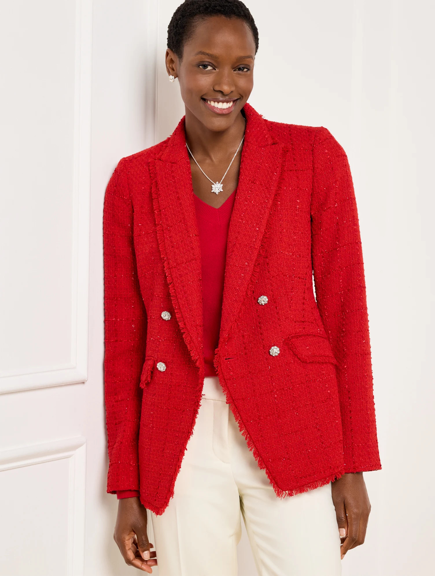 Metallic Fringe Tweed Double Breasted Blazer - Red/Silver - 16 Talbots | Talbots