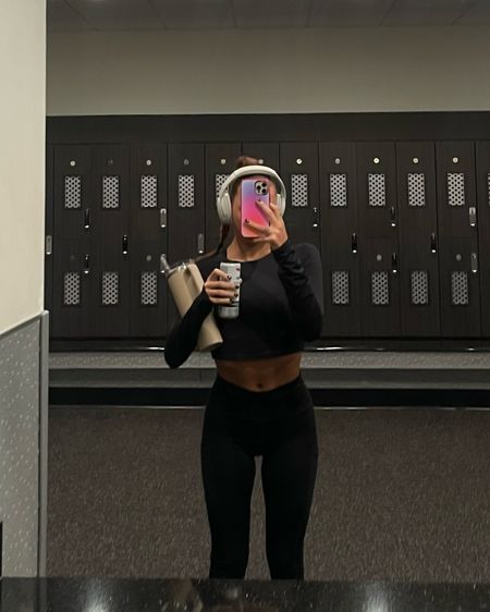 today’s workout outfit! | gym set, gym outfit, that girl gym outfit, that girl workout set, that girl outfit, over the ear headphones, casetify case, stanley cup, black long sleeve crop top 